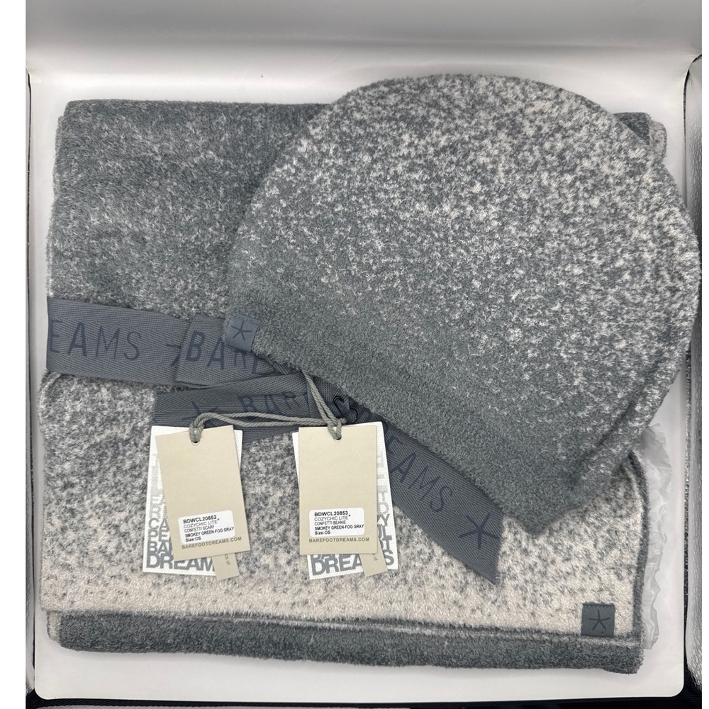 Barefoot Dreams CozyChic‎ Lite Confetti Scarf Beanie Set Smokey Green Fog Gray